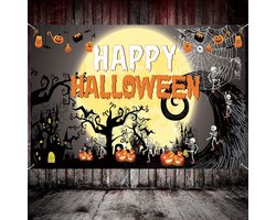 Halloween-achtergrond - Happy Halloween-thema - Scène-instelling - Bord, poster, bannerachtergrond - met pompoen, griezel, vleermuis, spin, maan - foto-accessoire - geschikt voor Halloween-fotohokjeachtergrondfeestdecoratie - 180 cm × 110 cm - zwart