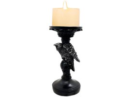 Halloween Decoratie Accessoires - Raven Schedel Kandelaar met Skelet Figuren 18x9x9cm - Gothic Kaarsenhouder van Kunsthars - Spooky Tafeldecoratie voor Halloween Feest, Woonkamer en Herfstdecoratie (Kaars Niet Inbegrepen)
