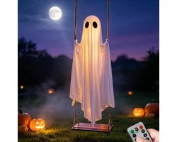 Halloween decoratie - Decoratie voor terras of tuin – Hangende schommelende geest - 1.5 m grote hangende schommelende geest - Schommelende hangende Halloween geest met afstandsbediening - Voor buiten tuin veranda
