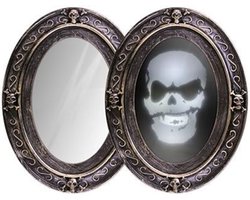 Halloween decoratie Sprekende spiegel zwart goud ovaal griezelafbeelding Halloween-mirror.