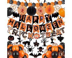 Halloween Decoratieset - Met ballonnen - Halloween Papieren Hangende Banner - Halloween Decoratie - Halloween Versiering - Vlaggenlijn - Raamdecoratie - Lengte 3m - Feestartikelen -Feestdecoraties - Voor Carnaval, Halloween, Feest, Tuin