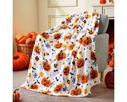 Halloween deken - Deken - Zachte pluche deken - Spinnenweb vleermuis pompoen deken - 50"x60" - Gezellige flanel - Halloween decoratie - Halloween deken - Geschikt voor feesten, banken, bedden, woonkamers - 130x150cm - Wit