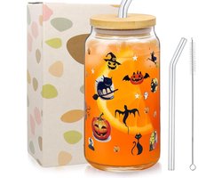 Halloween drinkglas met deksel en rietje - 500 ml glazen voor bubble tea - pompoen spook vleermuis patroon - glazen voor ijskoffie cocktails smoothies sapjes