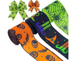 Halloween- halloween decoratie-Halloween-lint met draadrand - Spinnenweb - Bedrukt grosgrain lint - Halloween-themafeest - DIY - Knutselwerk - Inpaklint - Decoraties voor thuisfeesten (4 rollen van 20 meter)