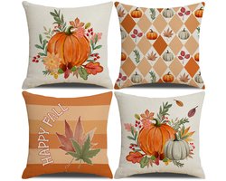 Halloween - Halloween Decoratie - Kussenslopen - Herfst Kussenhoezen - Decoratieve Kussenhoezen - met Esdoornblad en Pompoenprint - in Polyester Linnen - Herfst Woondecoratie Vierkante Kussenslopen - voor Slaapbank Woonkamer - 45x45 cm - 4 stuks