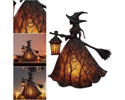 Halloween Heksenlantaarn - Cadeau voor Halloween-liefhebbers - Heksenfiguur staand nachtlampje - 7 inch handgemaakt glas-in-lood - Geschikt voor schoorsteenmantel, keuken, spookachtige binnendecoratie