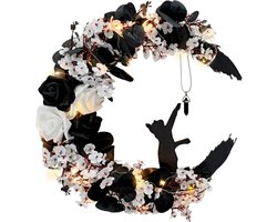 Halloween krans - Combinatie van maan en kat - Halloween decoratie voor de voordeur - bloemendesign - herfstsfeer geschikt - Voor buitenmuur kast of schutting