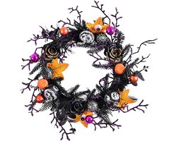 Halloween krans paars zwart 45×45cm, kunstbloemen deurkrans, realistische Halloween decoratie voor deur, muur, tafel, feest, bar, restaurant, school en tuin, spookachtig herfstdecoratie, Stijl B