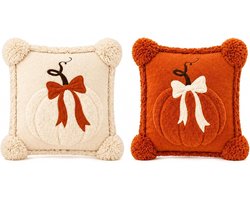 Halloween Kussenhoezen Set van 2, 45x45cm Pompoen Kussens in Oranje en Wit, Fluffy Design voor Herfst Decoratie in Woonkamer en Slaapkamer