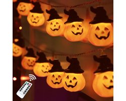 Halloween Lantaarns Decoratie- Halloween Pompoenen met Licht - Decoratie Buiten - Accesoires – Waterdicht Lampjes - Instelbaar Lichtjes / Pompoen met Zwarte Hoed - 3M 20 LED Sets