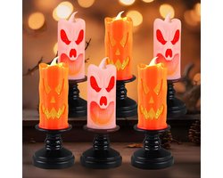 Halloween LED Kaarsen - Set van 6 - Pompoen Gezicht -Sfeerverlichting - tafeldecoraties - Veilig zonder Vlam- Werkt op Knoopcellen - Voor Halloween Decoratie en Feest - binnen/buiten - Voor Eettafel, Vensterbank en Schoorsteenmantel