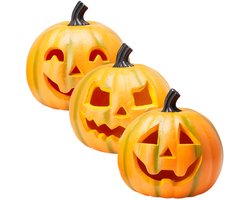 Halloween pompoen mood - 3x - polystreen - oranje - 18 x 20 cm - lichtgevend - halloween decoratie