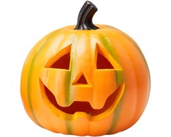 Halloween pompoen mood - polystreen - oranje - 18 x 20 cm - lichtgevend - halloween decoratie