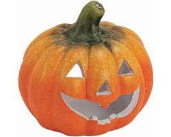 Halloween pompoen theelichthouder - klei - oranje - 14 x 13 cm - windlichten