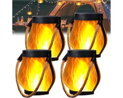 Halloween Sierlantaarns - 4 Zonne-energie Lantaarns met Echt Vlam Effect voor Buiten | Waterdichte Paarse Halloween Decoratie met Dubbele Oplaadmodus (Zonne-energie & USB) | Inclusief Ophangsysteem voor Tuin en Terras | Warm Wit Licht