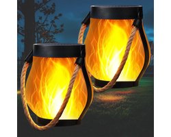 Halloween Sierlantaarns Set - 2 Zonne-energie Lantaarns met Echt Vlam Effect voor Buiten | Waterdichte Paarse Halloween Decoratie met Dubbele Oplaadmodus (Zonne-energie & USB) | Inclusief Ophangsysteem voor Tuin en Terras | Warm Wit Licht