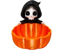 Halloween-snoepschaal 'Magere Hein' – Halloween-snoephouder – 'Trick-or-Treat'-snoepschaaltje – Decoratie voor Halloween-feest – Feestelijke decoratie – Decoratieve tafelhouder voor snoep of sleutels – Oranje