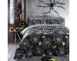 Halloween Spiders Dekbedovertrek - Eenpersoons Beddengoed (140 x 200cm) - Omkeerbaar - Glow in the Dark - Spinnenwebben met grijze decoraties