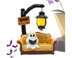 Halloween Spook Leeslamp - Grappig Spookbeeld - Tafel- en Boekenplankdecoratie - Boekensteun en Lamp ineen - Creatief Woonaccessoire - Feestelijke Herfstdecoratie - Wit+Bruingeel - 3D-hars Spookfiguur - Nachtlampjes