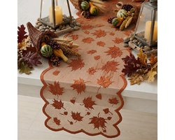 Halloween Tafelloper – Oranje Kant Tafelloper met Esdoornblad – Halloween & Herfst Decoratie voor Eettafel, Woonkamer, Feest, Diner en Party – 35 × 180 cm