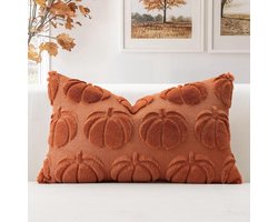 Halloween Throw Pillow Covers - Soft Plush Short Wool Velvet - Autumn Decoration - Luxury Style voor Sofa en Slaapkamer - Donker Oranje-Pompoen 12x20 Inch