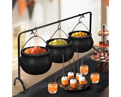 Halloweendecoratie - Halloweenfeestdecoraties - Set van 3 heksenketel serveerschalen op rek - Zwarte plastic ketel voor binnen- en buitenhuisdecoratie in de keuken