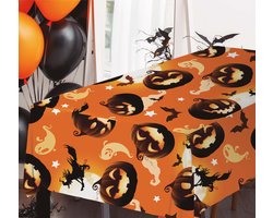 Halloween/horror thema feest tafelkleed - creepy pompoenen - oranje - plastic - 137 x 274 cm