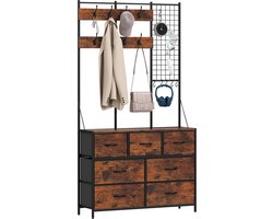 Halmeubel 4-in-1, kapstok, garderobe met 7 stoffen laden en 14 haken, 100 x 30 x 183 cm, rustiek bruin