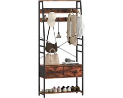 Halmeubel 6-in-1, kapstok met kledingstang, plank, 2 laden, 10 haken, 80 x 30 x 180 cm, rustiek bruin