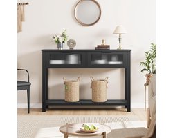 Halmeubel, consoletafel met 2 glazen lades, entreetafel met legplanken, geschikt voor woonkamer, gang en hal, zwart