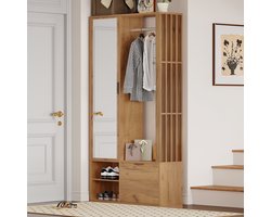 Halmeubel Garderobekast 100x33x190 cm - 6-in-1 - Met Spiegel - Wasrek - Klepdeur - 9 Opbergvakken - Houtkleur