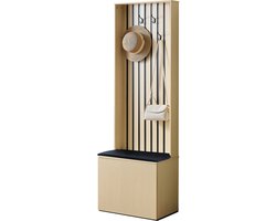 Halmeubel Garderobekast - Met Zitbank en Schoenenopslag - 4 Haken - Zitkussen - Opbergvakken - Modern Design - Houtdecor met Zwarte Accenten