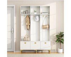 Halmeubel – Garderobekast – Schoenenkast – Opbergmeubel – Entree Meubel – Hoogglans Wit – Gouden Accenten