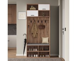 Halmeubel Garderobenset met Zitbank 80x185x35 cm - 5 Haken - 2 Deuren - 6 Open Vakken - Verstelbare LED Verlichting - Natuurlijk + Wit