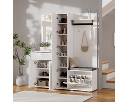 Halmeubel Garderobeset 150x36x180 cm - Met Spiegel - Kledingrek - 3 Deuren - Kantelvak Schoenenrek - Zitbank - La - Wit