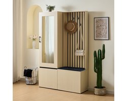 Halmeubel – Kapstok – Schoenenkast – Garderobe – Opbergmeubel – Met Spiegel en Bankje – Uittrekbare Kledingrail en 4 Haken – Ruimtebesparend Design voor Kleine Hal