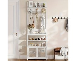 Halmeubel – Kapstok – Schoenenrek – Schoenenkast – Entree Meubel – Wit – Vrijstaand – Mesh Deuren – Ingebouwde Zitbank – 7 Haken – Ruimtebesparend & Stevig