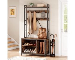 Halmeubel – Kapstok – Schoenenrek – Zitbank – Opbergmeubel – Industrieel Design – Robuuste MDF & Metaal – 62 kg Belastbaar – 5-in-1 Multifunctioneel Organizer – Zwart Houtkleur