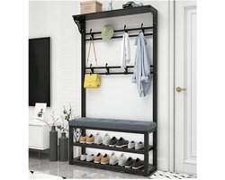 Halmeubel met Kapstok - Entree Meubel - Jassen en Schoenen - 3-in-1 Ontwerp - 80x30x172cm - Zwart