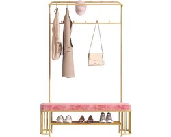 Halmeubel met Kapstok - Kledingrek Schoenenbank - Entree Organiseren - 3-in-1 Functionaliteit - 80 x 37 x 180 cm - Roze
