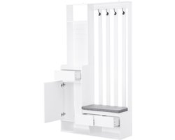 Halmeubel met opbergbank, multifunctionele schoenenkast met pegboard, moderne garderobe met 4 haken voor hal en wasruimte, wit
