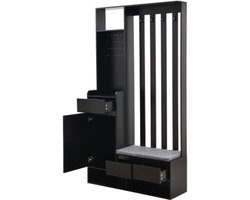 Halmeubel met opbergbank, multifunctionele schoenenkast met pegboard, moderne garderobe met 4 haken voor hal en wasruimte, zwart