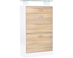 Halmeubel met schoenenkast - 60 x 105 x 24 cm - Top glazen plank - houten eiken wit - 2 schuifdeuren 2 kamers