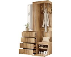 Halmeubel met Spiegel, 4 Laden, Kapstokhaken, Opbergkast met Deur en Open Plank, Veel Opbergruimte, Spaanplaat, Naturel, 100x35x180 cm