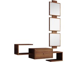 Halmeubel met spiegel en lade, hangend entree meubel, 99,5 x 145 x 22 cm, modern design, matte eikennoot ambar melamine afwerking