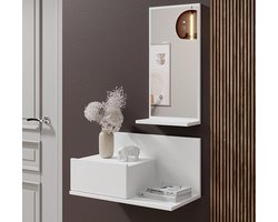 Halmeubel met spiegel en lade, hangend entree meubel Isabela, 60 x 85,5 x 30 cm, melamine afwerking in wit