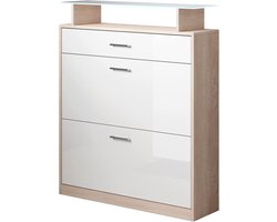Halmeubel Schoenenkast - Entree Meubel - Orde Houden - Glazen Plank LED - 89x105x24 cm - Wit Glanzend