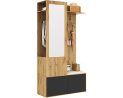 Halmeubel Set 100x38x191 cm Zwart+Natuurlijk - 5 Kledinghaken - Spiegel - Schoenenkast - Verborgen Kapstok - Bank - Bovenvak