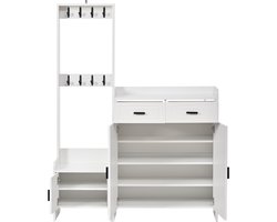 Halmeubel - Wit halmeubel met schoenenkast en lades - Garderobekast met lades - Kapstok met 8 haken - 125x36x165 cm - Opbergen - Entree Wit