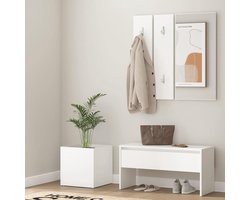 Halmeubelset Hout - Entree meubel - Opbergen en Zitten - Met Spiegel - 97 x 43 x 13 cm - Wit